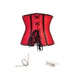 Red zip-up underbust corset with black vinyl trim, black buckle accents, and lace-up back 