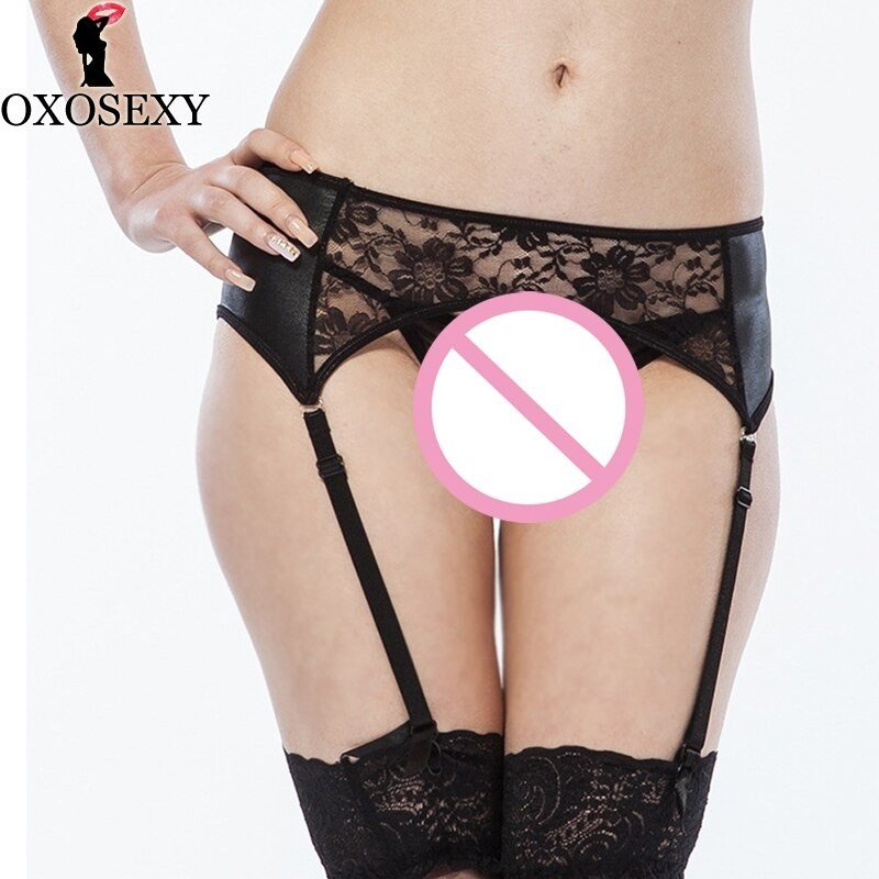 xxxl 6xl Plus Size Faux Leather Sexy Garter Belt Women Suspender Sheer Transparent lace Thong Linger