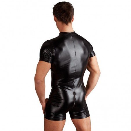 Male PU Leather Bodysuit  Black Open Crotch Zipper Jumpsuit Mens Fetish Latex Clubwear Catsuit L