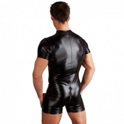 Male PU Leather Bodysuit  Black Open Crotch Zipper Jumpsuit Mens Fetish Latex Clubwear Catsuit Lingerie Plus Size S-XXXL