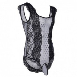 iiniim Mens One-Piece Crossdress Lingerie Floral Lace Polka Dots See Through Mesh Sissy Pouch Body S