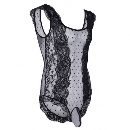 iiniim Mens One-Piece Crossdress Lingerie Floral Lace Polka Dots See Through Mesh Sissy Pouch Body S