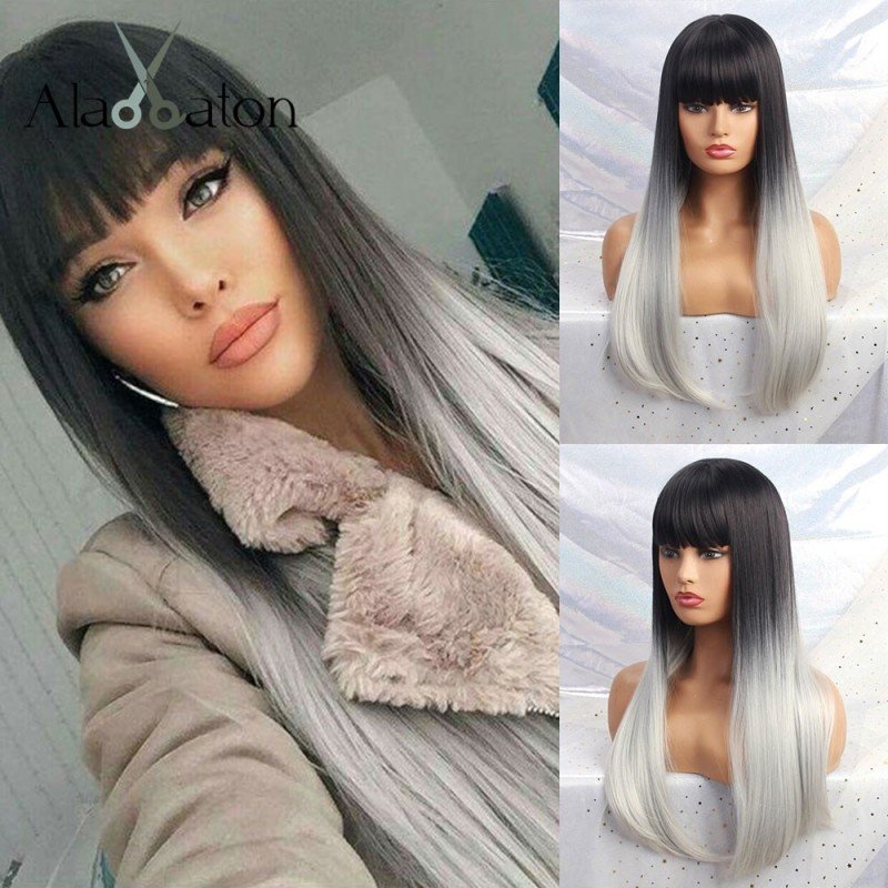ALAN EATON Long Synthetic Wig with Bangs Black White Ombre Color High Density Natural Headline Heat