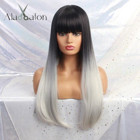 ALAN EATON Long Synthetic Wig with Bangs Black White Ombre Color High Density Natural Headline Heat