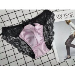 Men Satin Underwear Sexy Sissy Panties Gay Men Shiny Soft  Lace Lingerie Low Rise Stretchy Bikini Br