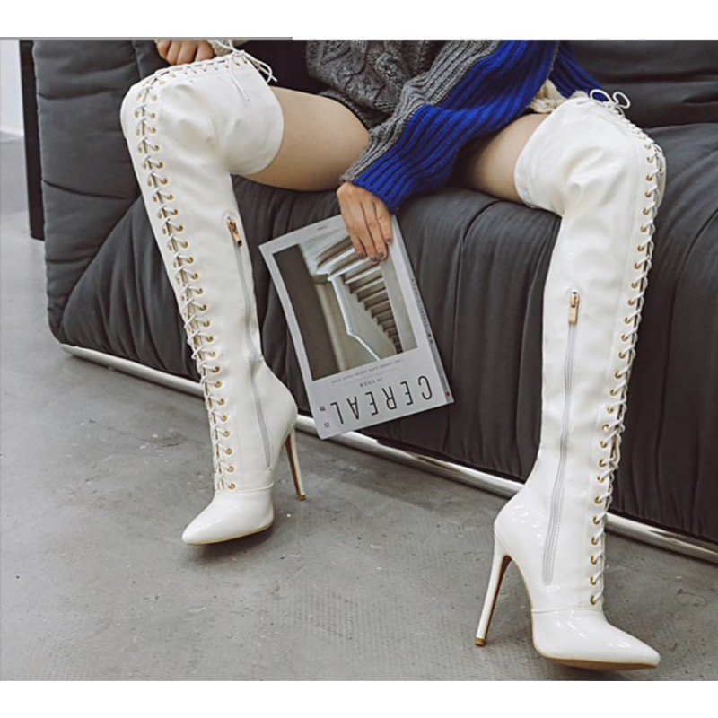 Crossdressing Luxury Brand Sexy PU Leather Cross Strap Over the Knee Boots Woman Pointed Toe Bandage Stilett