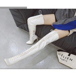 Crossdressing  Luxury Brand Sexy PU Leather Cross Strap Over the Knee Boots Woman Pointed Toe Bandage Stiletto Heel Long Boots L