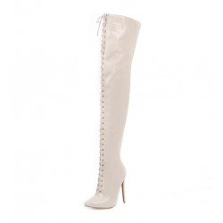 Crossdressing  Luxury Brand Sexy PU Leather Cross Strap Over the Knee Boots Woman Pointed Toe Bandage Stiletto Heel Long Boots L