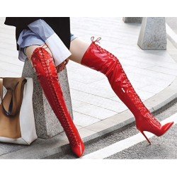Crossdressing  Luxury Brand Sexy PU Leather Cross Strap Over the Knee Boots Woman Pointed Toe Bandage Stiletto Heel Long Boots L
