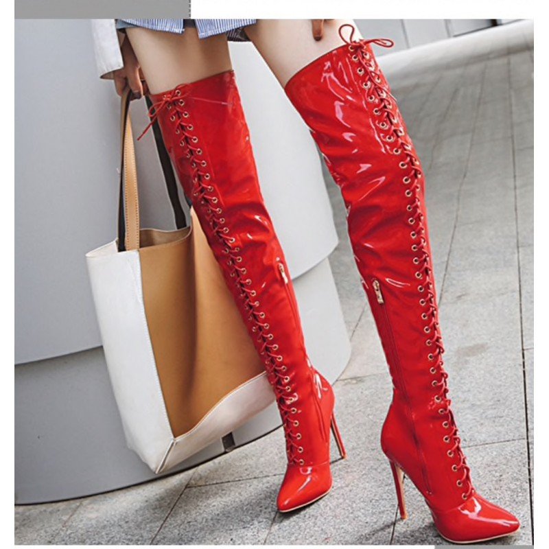Crossdressing Luxury Brand Sexy PU Leather Cross Strap Over the Knee Boots Woman Pointed Toe Bandage Stilett